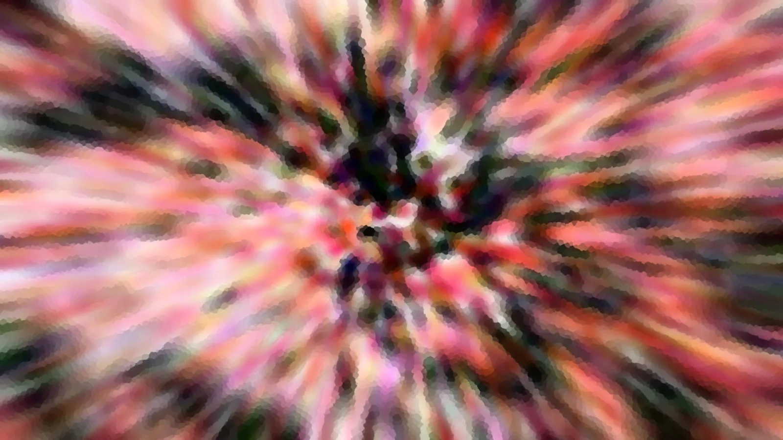 Abstrakte Komposition aus rosa, roten und dunkelgrünen Streifen, die von einem dunklen Zentrum radial nach außen laufen.