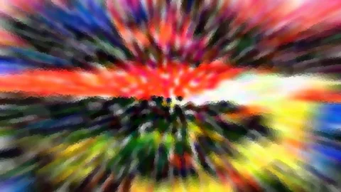 Abstrakte Komposition aus radial von der Mitte nach außen laufenden Farbstrahlen in Rot, Orange, Blau, Grün und Gelb mit Mosaik-Struktur.