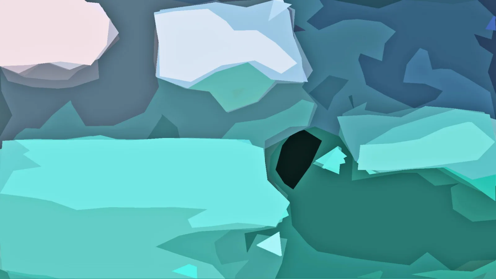 Abstrakte Low-Poly-Komposition mit mintgrünen, petrolfarbenen und blassrosa Flächen, rechts ein dunkler Einschnitt.