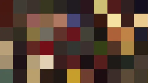 Raster aus quadratischen Farbfeldern in Dunkelrot, Braun, Ocker, Gold und Schwarz, ohne erkennbares Motiv.