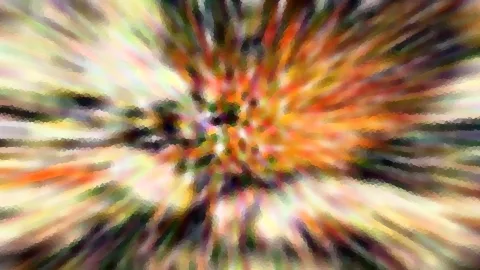 Abstrakte Komposition mit radialem Zoomeffekt: Farbstreifen in Orange, Gelb, Grün und Violett strahlen von einem hellen Zentrum nach außen.