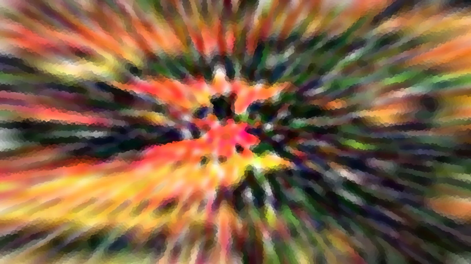 Abstraktes Bild mit radial von der Mitte nach außen laufenden Streifen in Rot, Orange, Gelb und Grün, dunkler Kern in der Mitte.