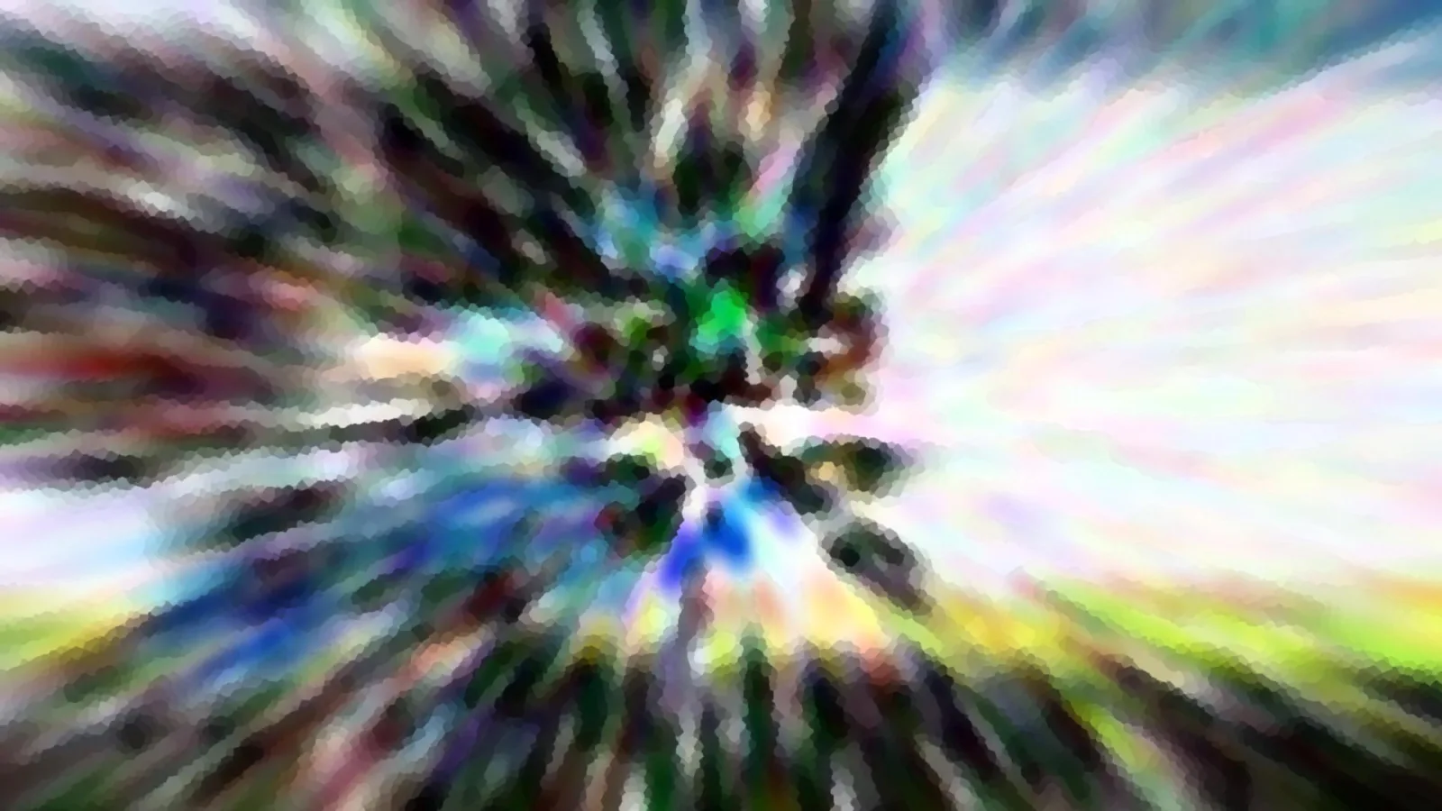 Abstraktes Bild mit radialen Schlieren, die von einem grünen Zentrum nach außen laufen, in Blau, Weiß und Rosa.