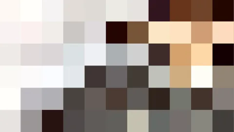 Pixeliges Mosaik aus rechteckigen Feldern in Beige, Weiß, Grau und Dunkelbraun, dicht nebeneinander angeordnet.
