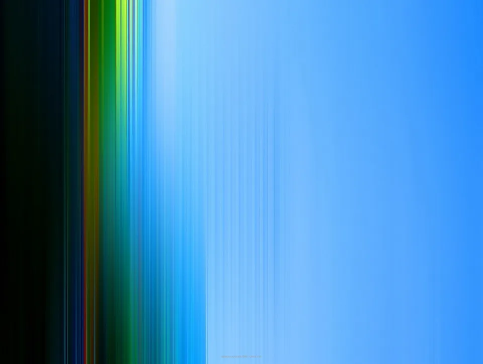 Abstrakte vertikale Streifen, links dunkel mit grünen und gelben Lichtbahnen, nach rechts in helles Blau übergehend.