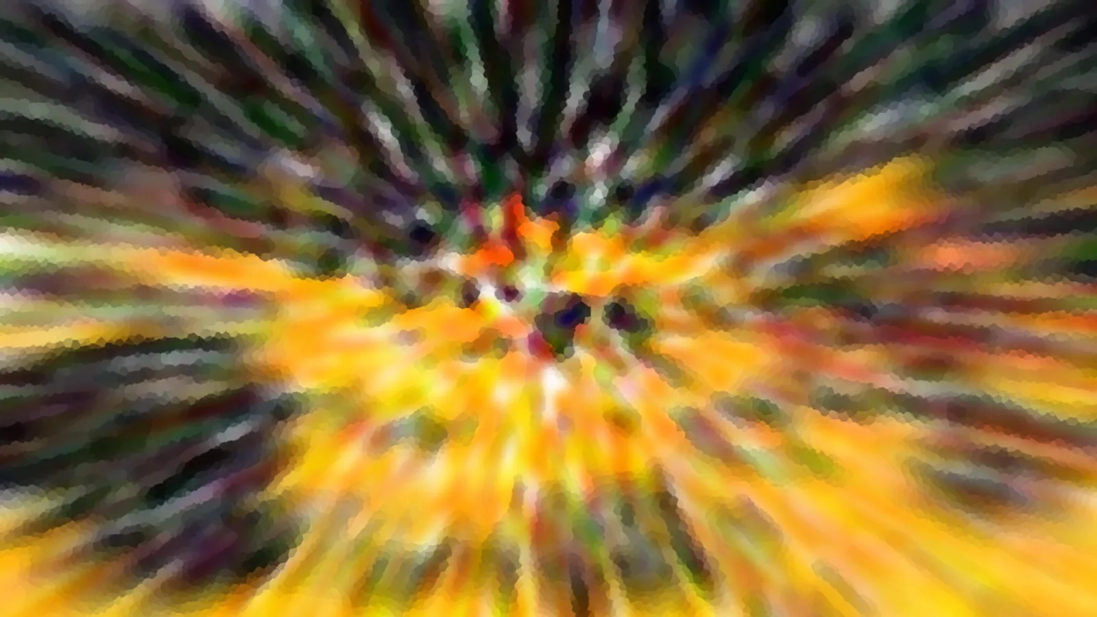 Abstrakte, radiale Unschärfe mit orangefarbenen und gelben Streifen, die von einem dunklen Zentrum nach außen laufen, dazwischen grüne und violette Töne.