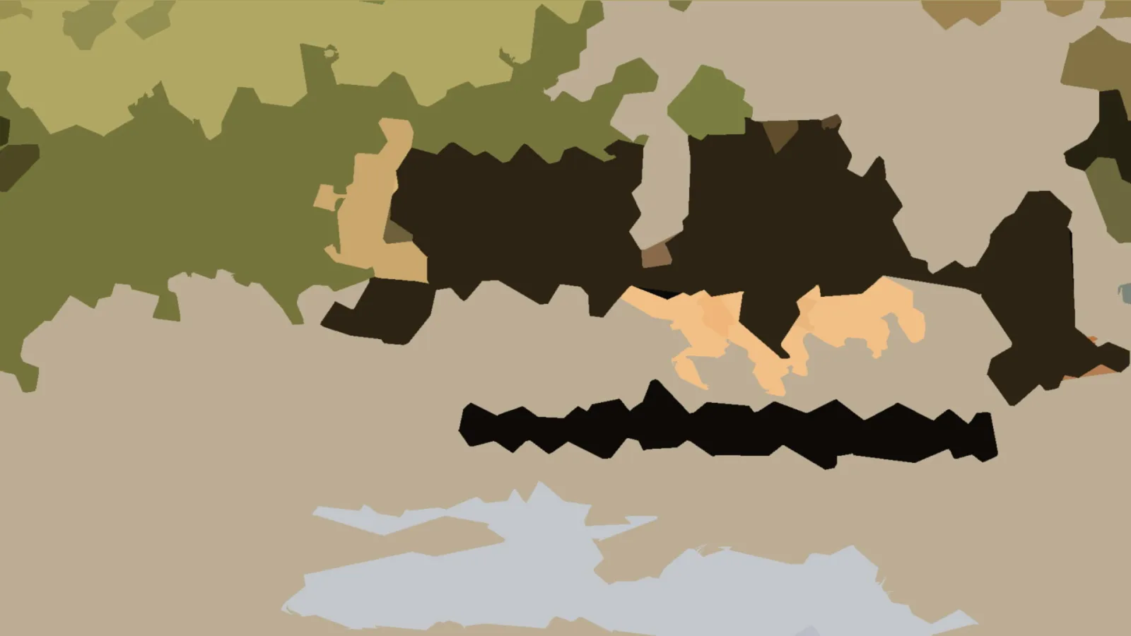 Abstrakte Komposition aus unregelmäßigen Farbflächen in Olivgrün, Dunkelbraun, Schwarz, Beige, Hellblau und Pfirsich auf beigem Grund.