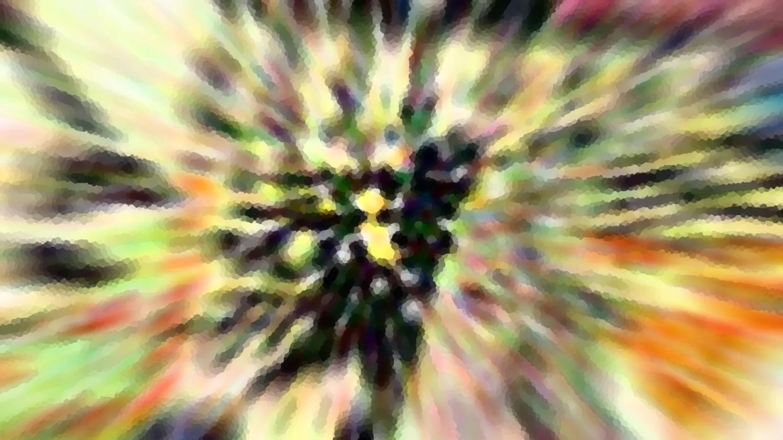 Abstrakte Komposition mit radialem Zoomeffekt in Gelb, Grün, Orange und Rosa, die von einem dunklen Zentrum nach außen strahlt.
