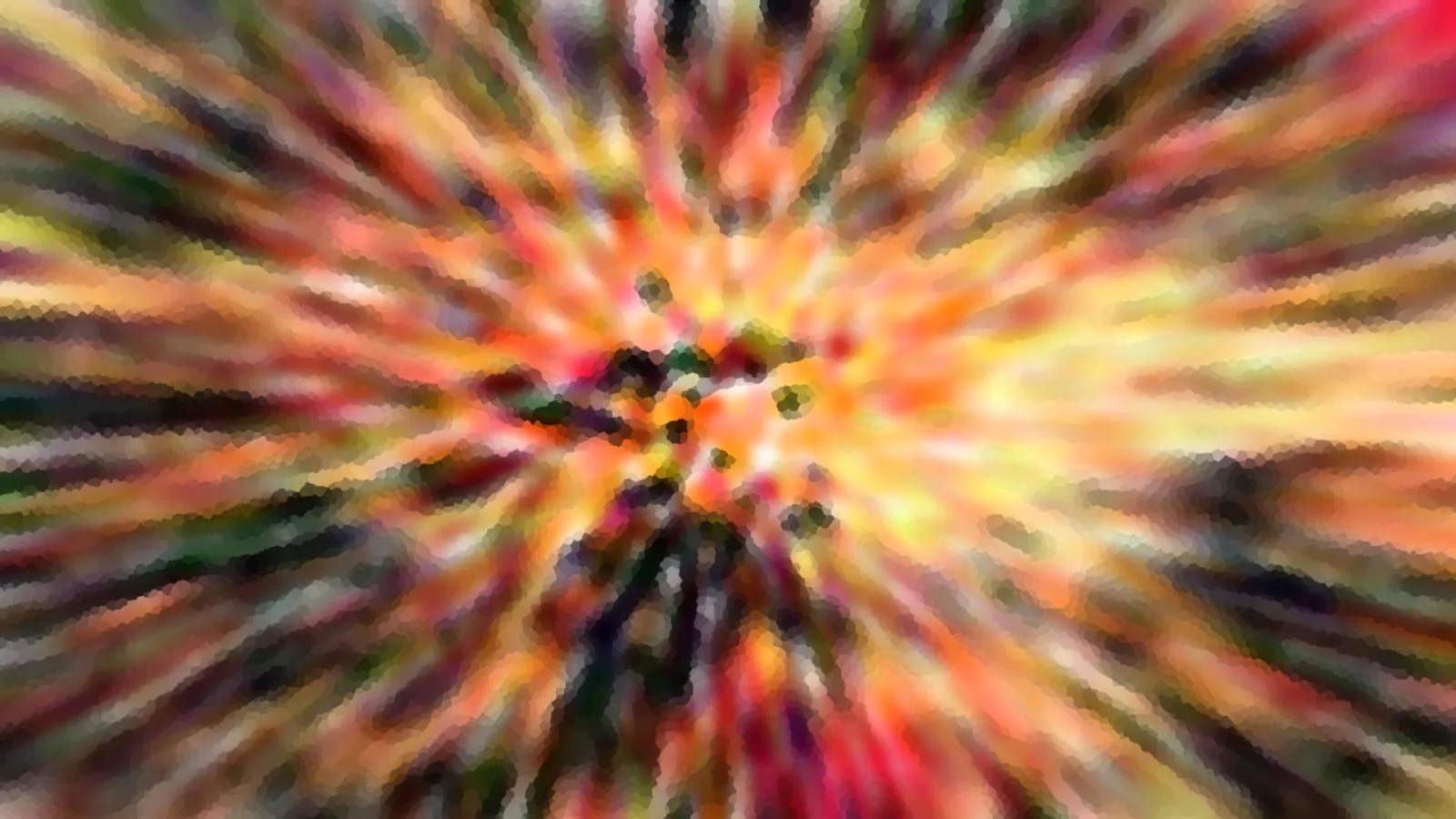 Abstrakte Komposition aus radial verlaufenden, bunten Streifen in Orange, Gelb, Rot und Grün mit einem dunklen Zentrum.