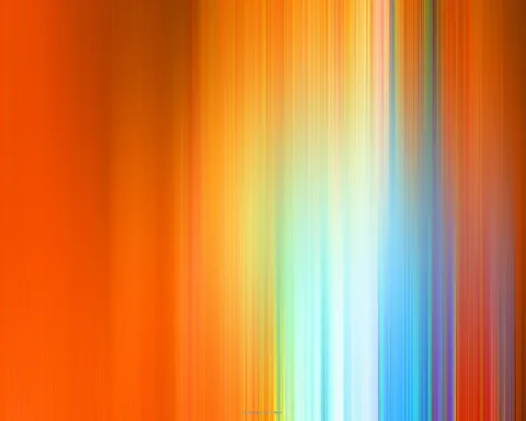 Abstrakte Komposition aus vertikalen, verwischten Streifen: links dominiert Orange, zur Mitte hin gehen die Farben über Gelb und Hellgrün in helles Weiß und Blau über, rechts treten Rot und Violett hervor.