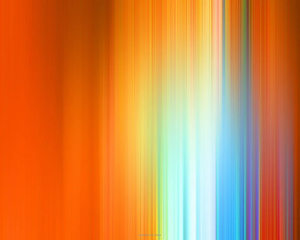 Abstrakte Komposition aus vertikalen, verwischten Streifen: links dominiert Orange, zur Mitte hin gehen die Farben über Gelb und Hellgrün in helles Weiß und Blau über, rechts treten Rot und Violett hervor.
