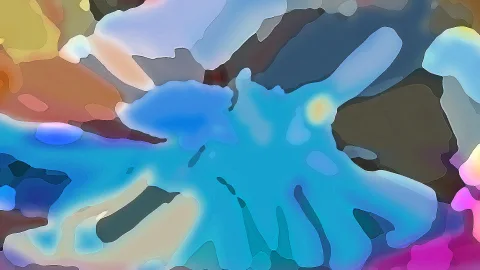 Abstraktes Bild mit weichen, organischen Formen in Blau, Türkis, Orange, Braun und Pink, dazwischen helle und dunkle Flächen.