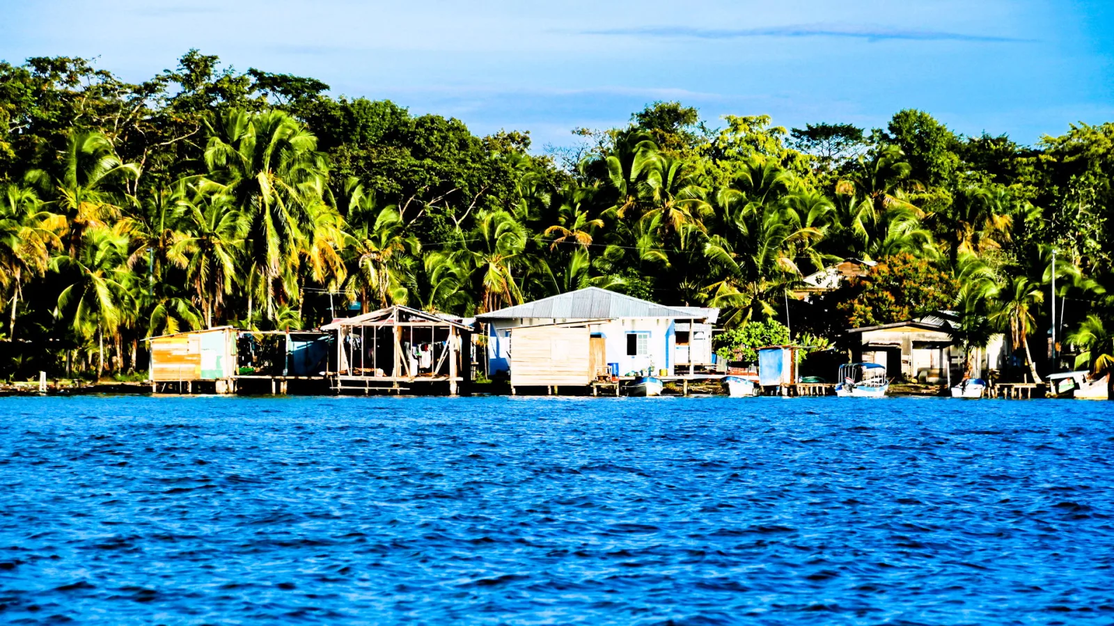 Blaues Wasser im Vordergrund, dahinter eine Reihe einfacher Holzhäuser auf Pfählen am Ufer, umgeben von dichten Palmen und Laubbäumen unter blauem Himmel.