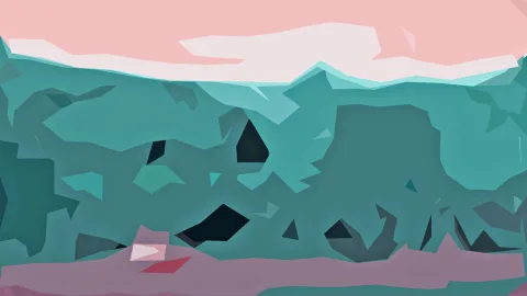 Abstrakte Landschaft aus kantigen, türkisfarbenen und dunklen Flächen unter einem rosafarbenen Himmel, im unteren Bereich mauvefarbene und rote Formen.