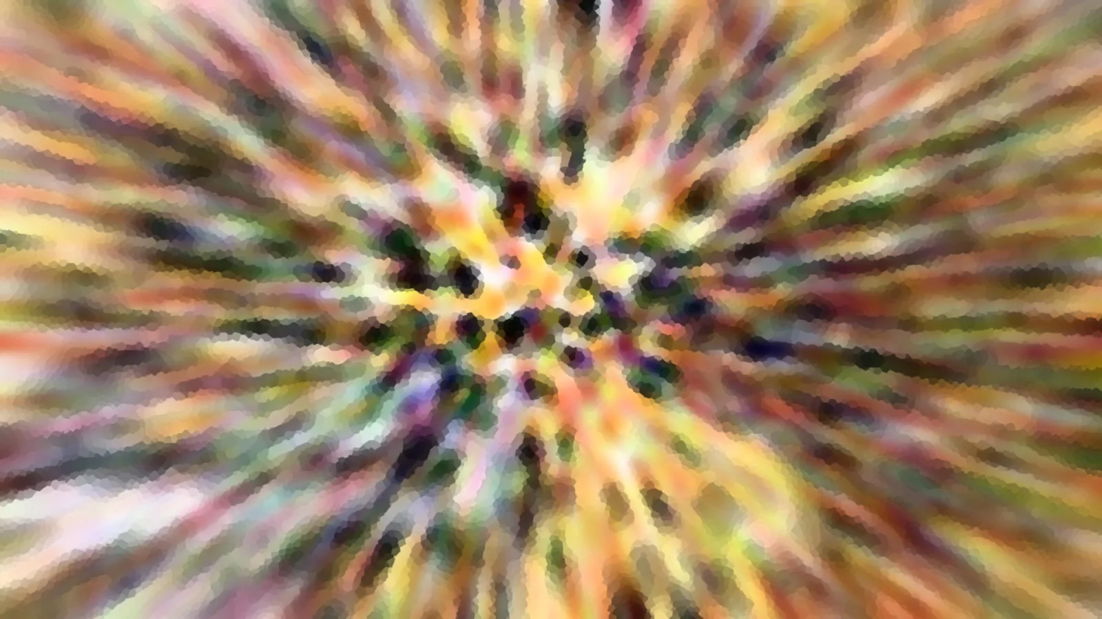 Abstraktes Bild mit radial von der Mitte ausstrahlenden Streifen in Gelb, Grün, Violett und Rot, die in einem groben Mosaik aus kleinen Pixelblöcken aufgelöst sind.
