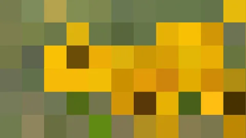 Ein Mosaik aus quadratischen Pixeln in Oliv-, Grün- und Goldtönen, dunkle Akzente in der Mitte und unten rechts.