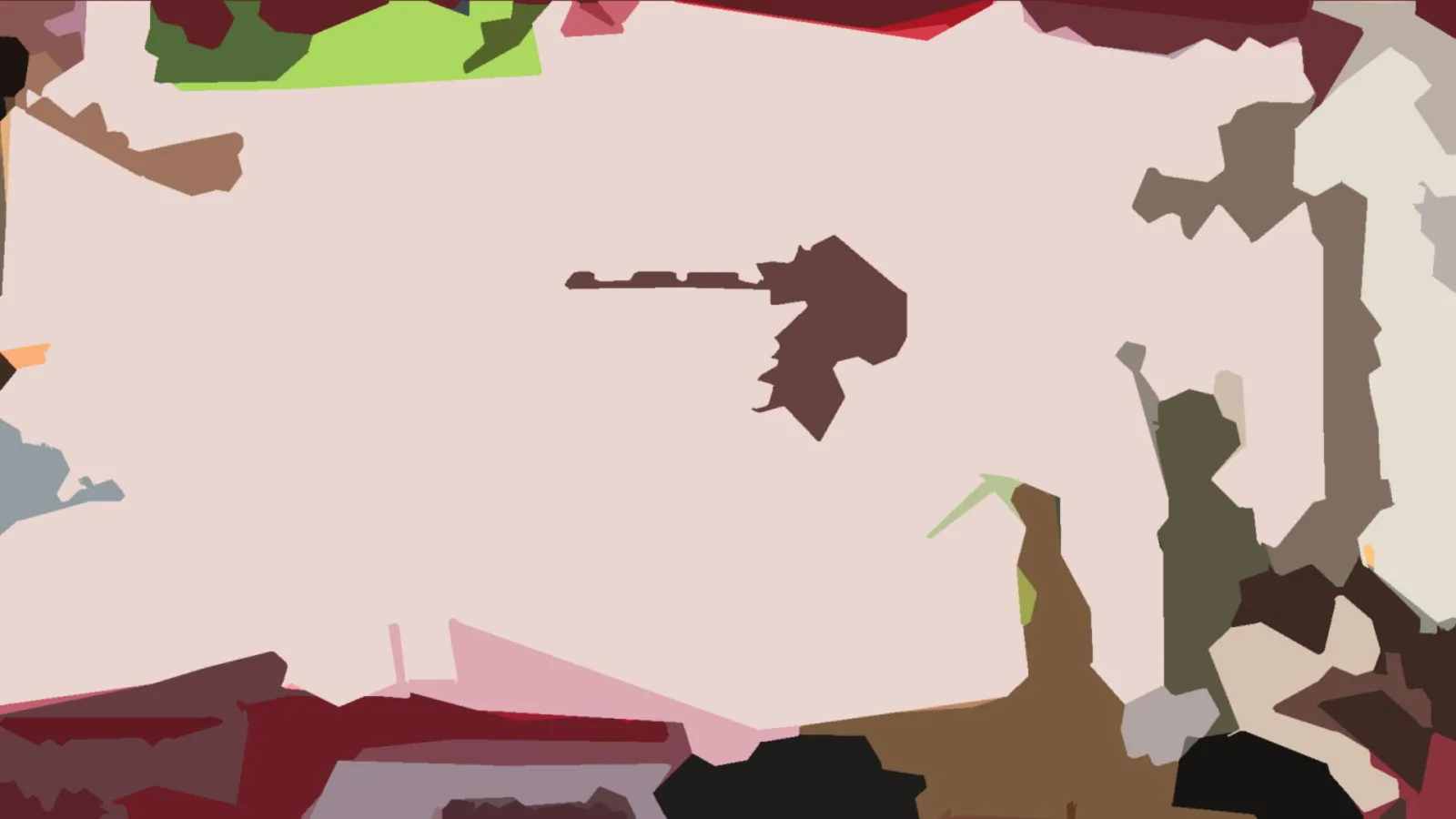 Abstraktes Bild mit flachen Farbflächen in Rosa, Braun, Grün und Schwarz, in der Mitte eine dunkelbraune, zackige Form.