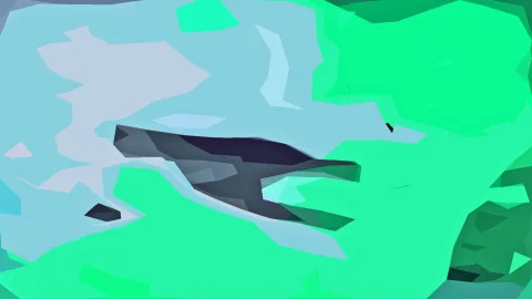 Abstrakte Komposition aus kantigen Flächen in Türkis, Mintgrün und Grau, in der Mitte eine dunkle Silhouette.