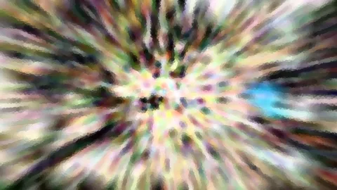 Abstrakte Komposition aus bunten Streifen in Regenbogenfarben, die von einem hellen Zentrum radial nach außen laufen, mit einem blauen Fleck rechts.
