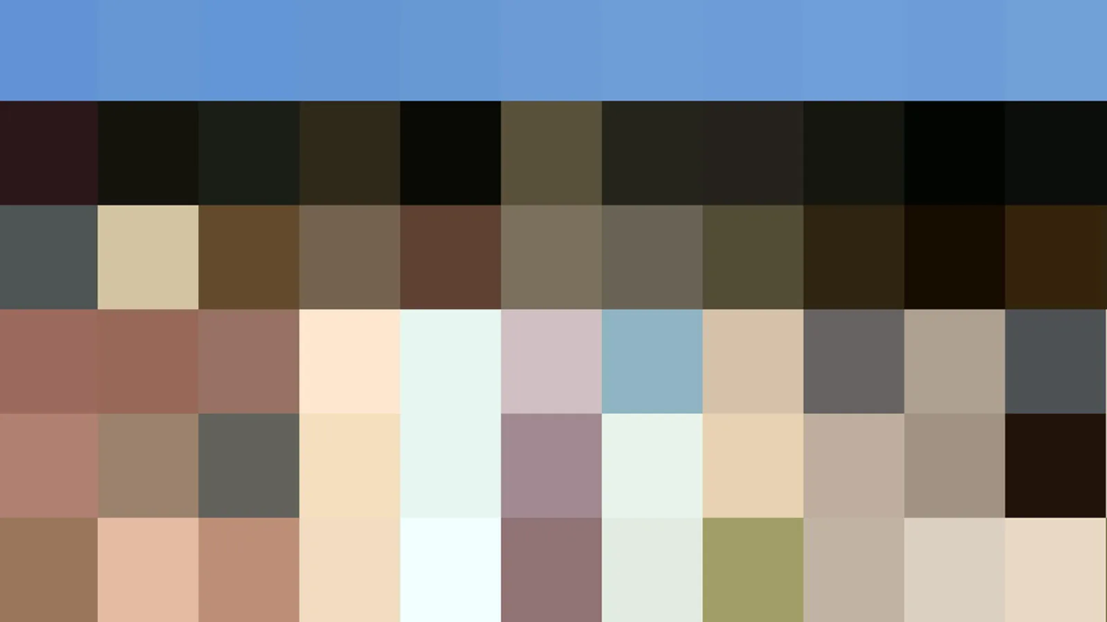 Pixelmosaik aus rechteckigen Farbfeldern: oben ein blauer Streifen, darunter dunkle Töne, Brauntöne und helle Hauttöne in mehreren Reihen.