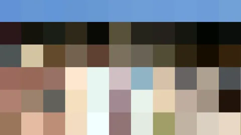 Pixelmosaik aus rechteckigen Farbfeldern: oben ein blauer Streifen, darunter dunkle Töne, Brauntöne und helle Hauttöne in mehreren Reihen.