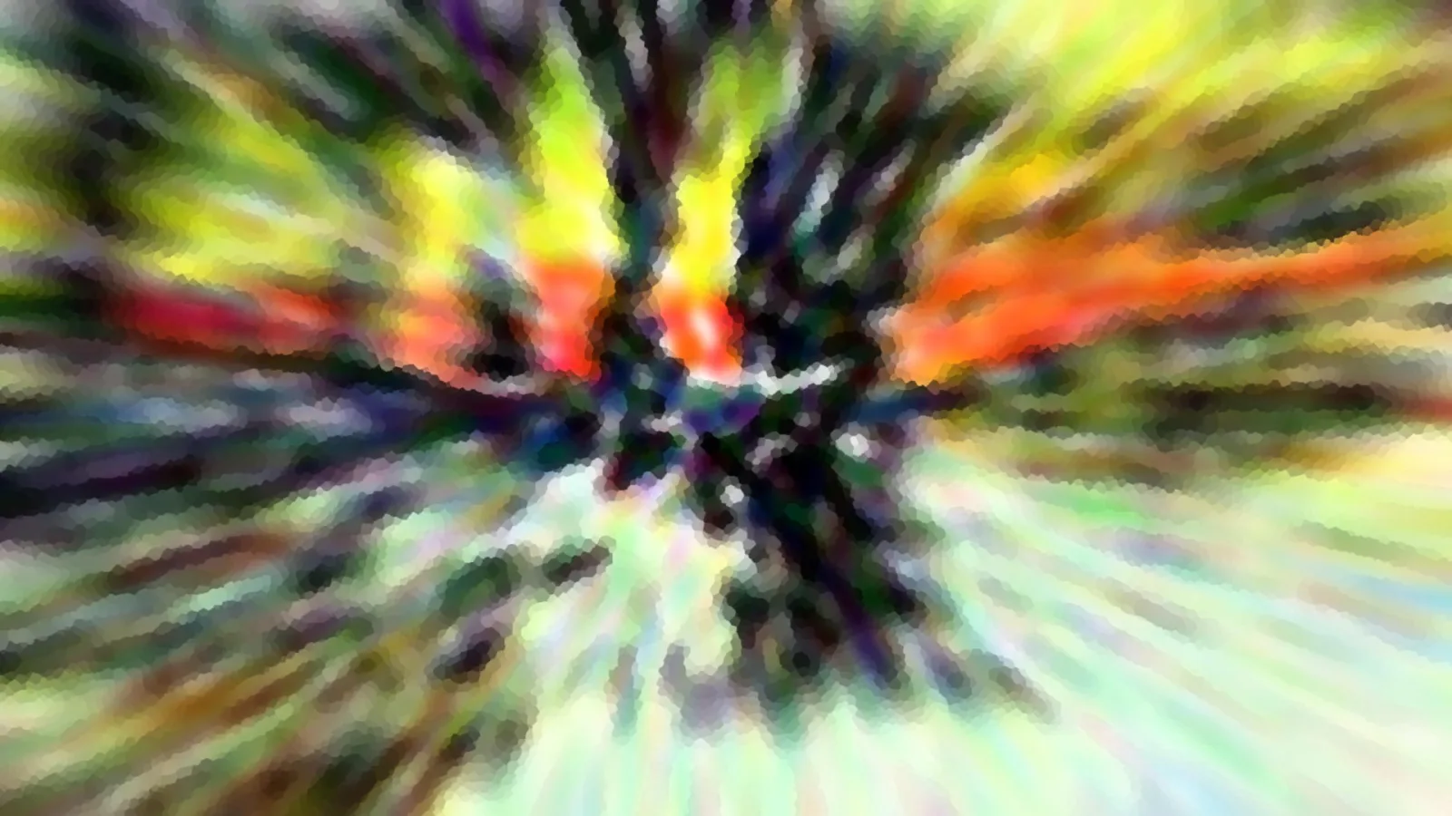 Abstrakte Komposition mit farbigen Streifen in Gelb, Orange, Rot und Grün, die von einem dunklen Zentrum radial nach außen laufen.