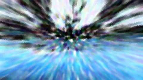 Abstrakte Komposition aus radial angeordneten blauen, türkisen, weißen und dunkelgrünen Streifen, grob verpixelt.