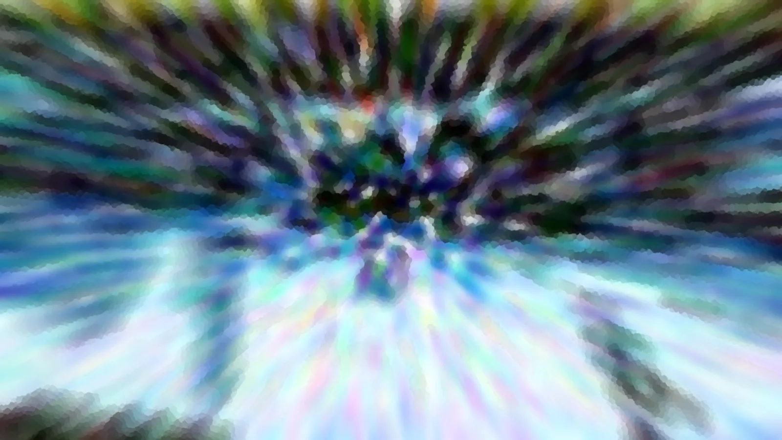 Abstrakte Komposition aus radialer Bewegungsunschärfe mit blauen, grünen und violetten Farbstreifen, die von einem dunklen Zentrum nach außen strahlen.