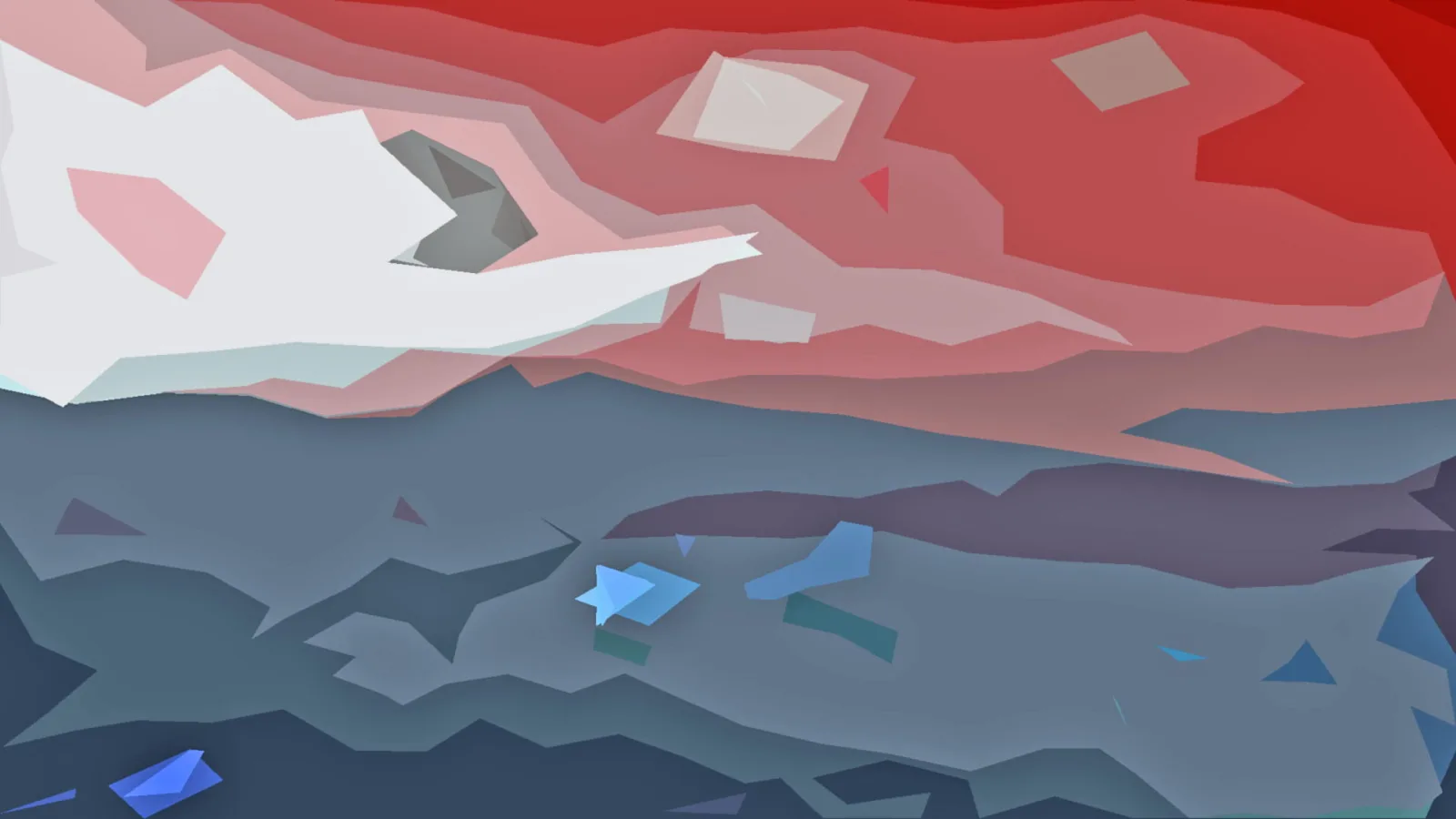 Abstrakte Komposition aus flachen, kantigen Flächen: oben rot, links eine große weiße Form, unten blaugraue Berge mit kleinen blauen Dreiecken.
