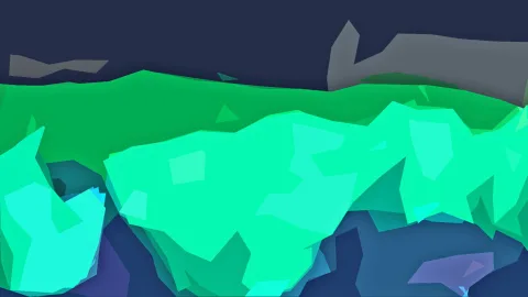Abstrakte, kantige Landschaft aus Dreiecksflächen: dunkelblauer Himmel oben, grüne Hügel und mintgrüne Felsformen im Vordergrund, graue Flächen rechts oben.