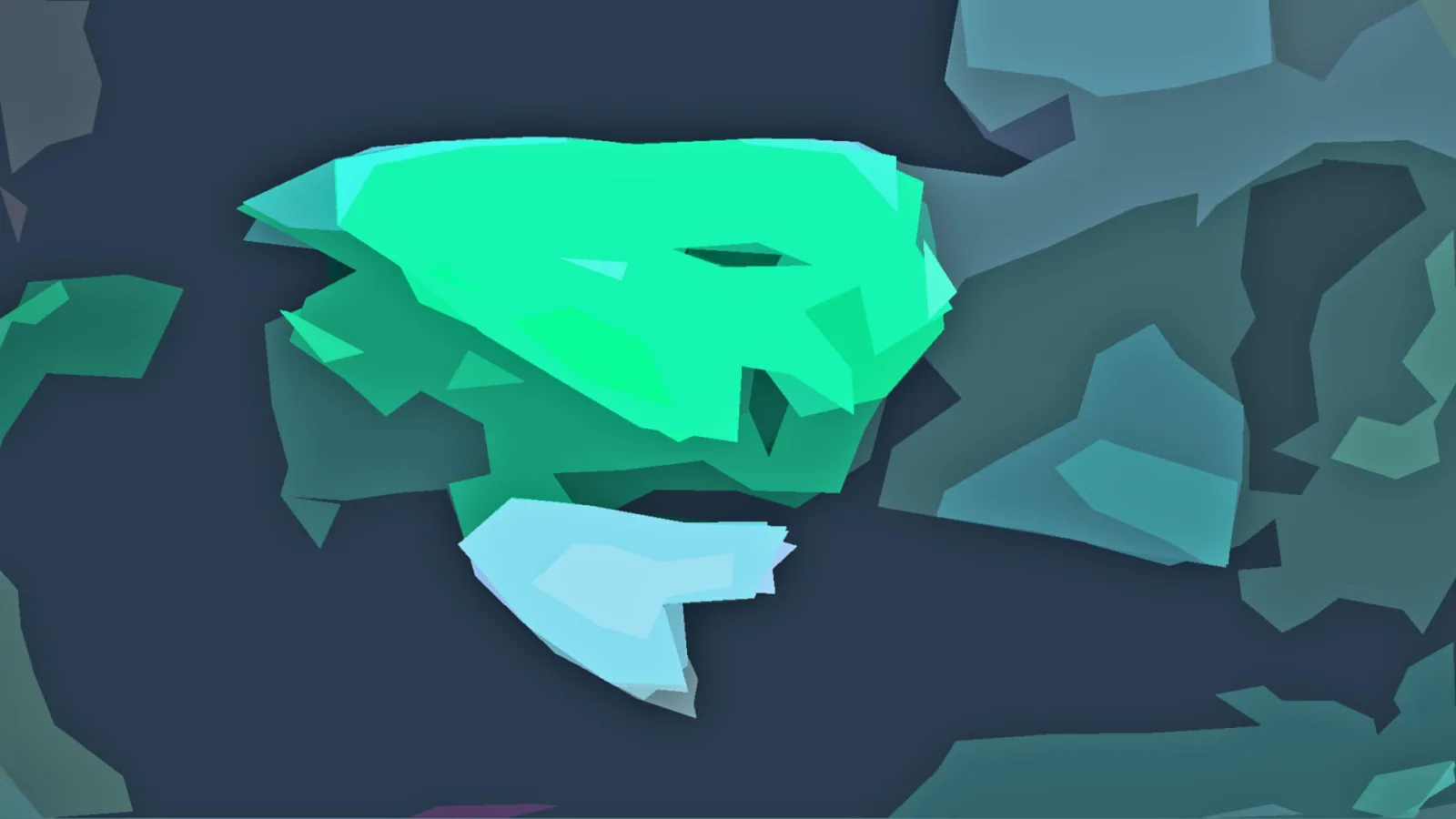 Abstrakte low-poly-Formen in Mintgrün und Türkis auf dunkelblauem Grund, im Zentrum ein großer leuchtender Block mit einem hellen Keil darunter.