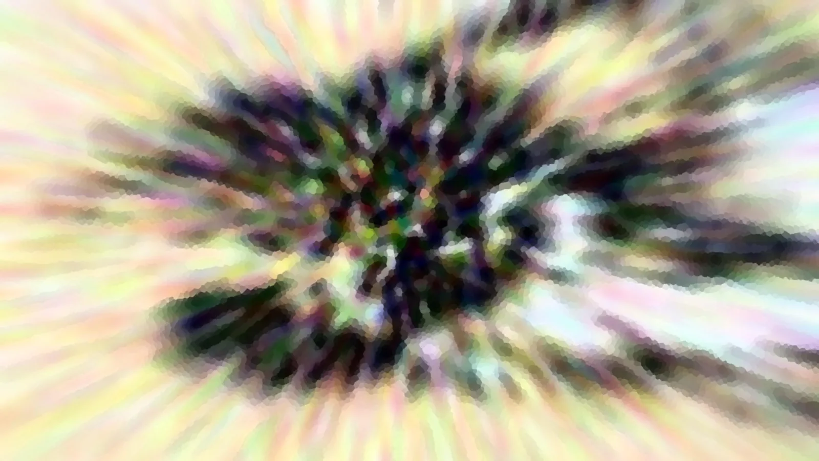 Abstrakte Komposition aus radial verlaufenden, verwischten Farbstreifen in Gelb, Rosa und Grün, mit einem dunklen, unscharfen Zentrum