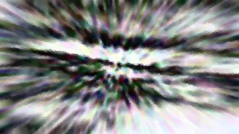 Abstrakte Komposition aus radial von der Mitte nach außen verlaufenden, verwischten Streifen in Grün, Violett, Weiß und Dunkelgrau, mit körnig-mosaikartiger Struktur.