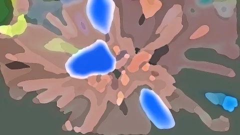 Abstraktes Bild mit organisch geformten braunen und beigen Flächen, darin leuchten mehrere blaue Flecken, an den Rändern stehen grüne und dunkle Akzente.