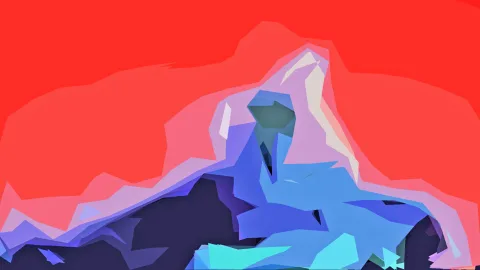 Abstrakte Bergform aus flächigen Dreiecken in Blau, Violett und Rosa vor einem leuchtend roten Himmel