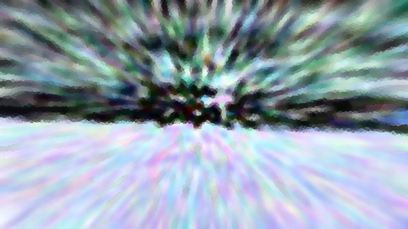 Abstrakte Komposition mit radialem Zoomeffekt in Grün, Lila und Weiß, im Zentrum dunkle, baumartige Formen vor hellem Grund.