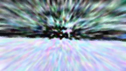Abstrakte Komposition mit radialem Zoomeffekt in Grün, Lila und Weiß, im Zentrum dunkle, baumartige Formen vor hellem Grund.