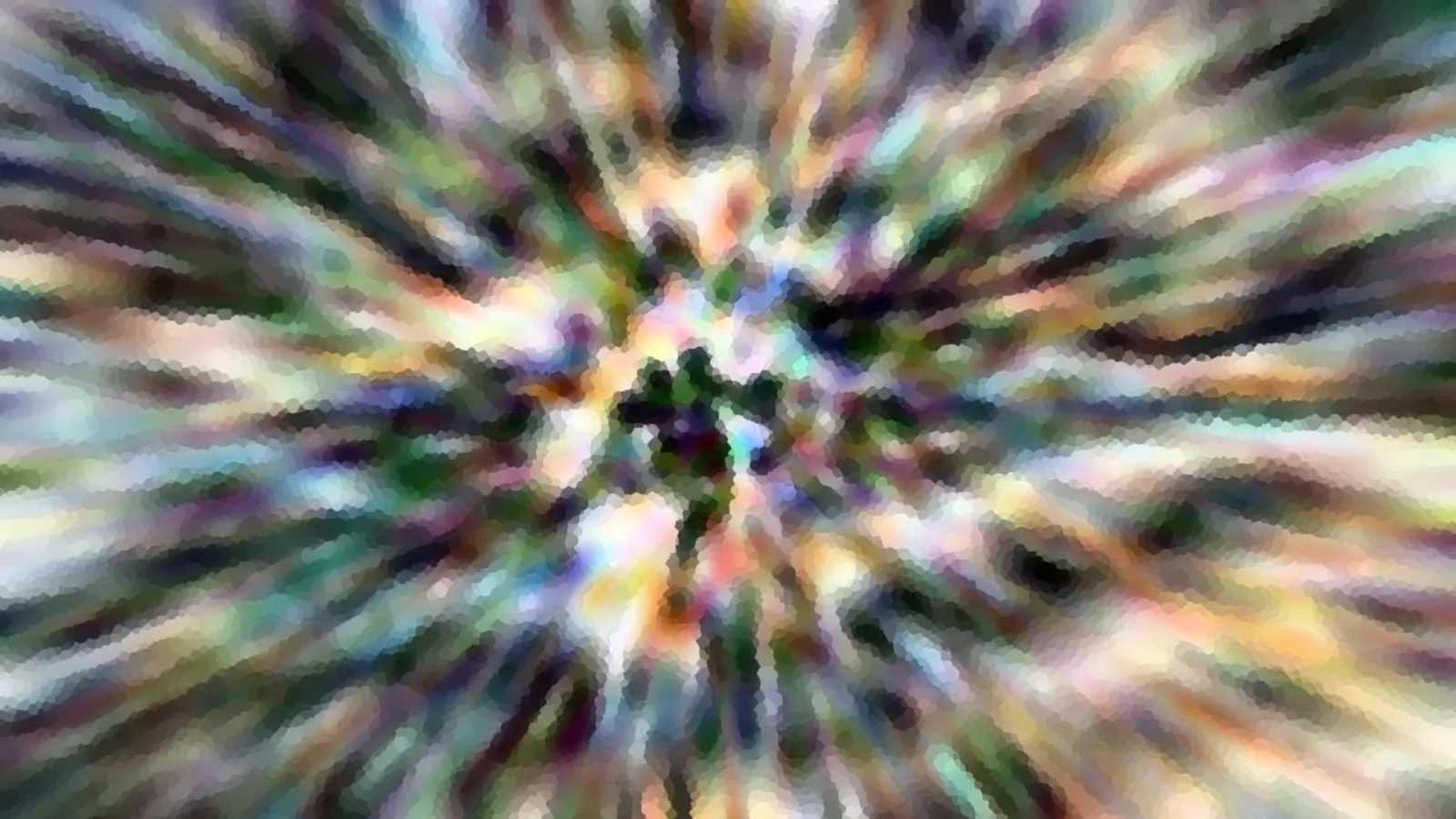Abstrakte Komposition aus bunten, verwischten Streifen, die von einem dunklen Zentrum radial nach außen laufen, mit grobem Pixelraster.
