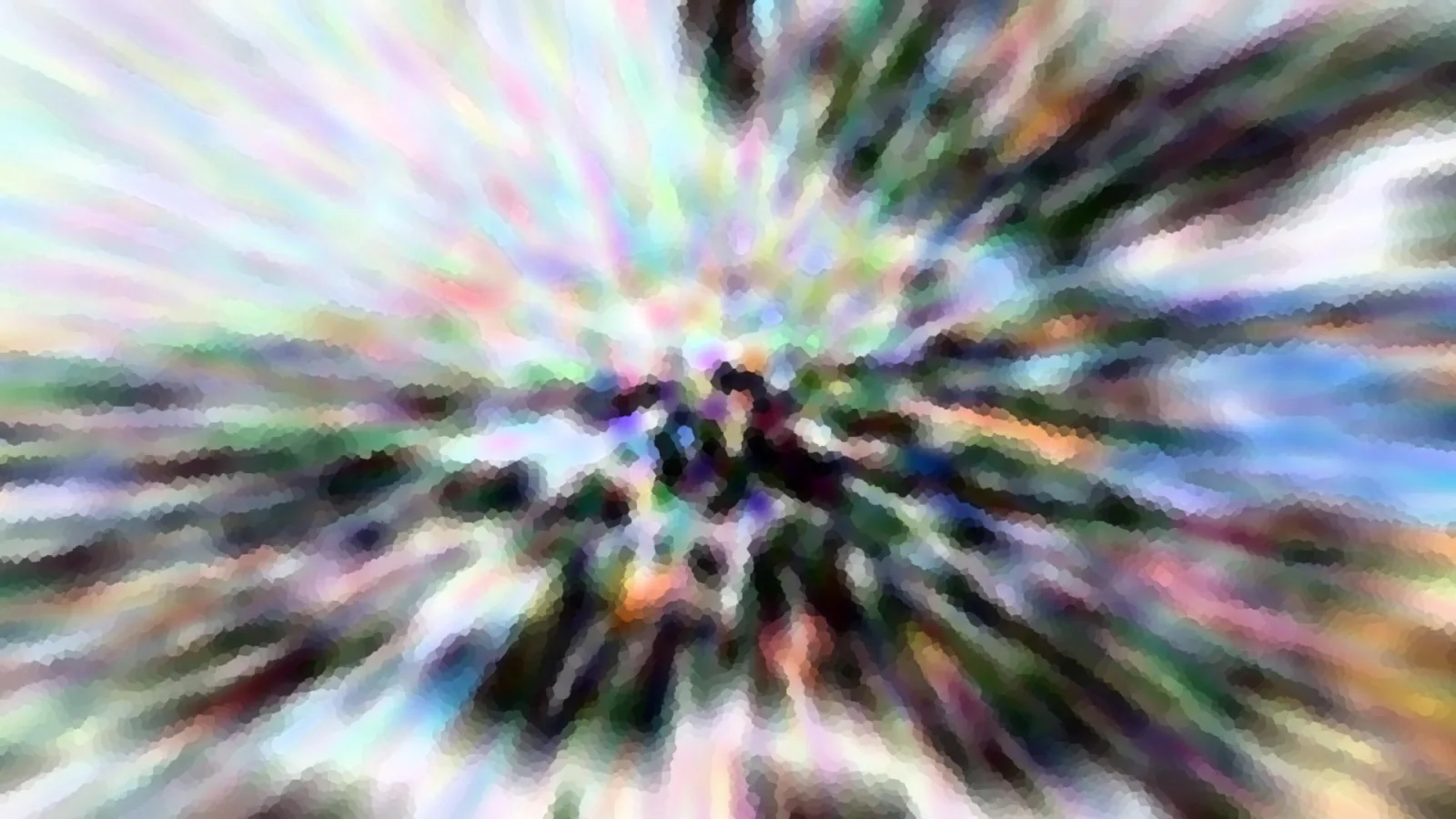 Abstrakte Komposition aus radial verlaufenden, bunten Streifen mit dunklem Zentrum und pixeliger Struktur