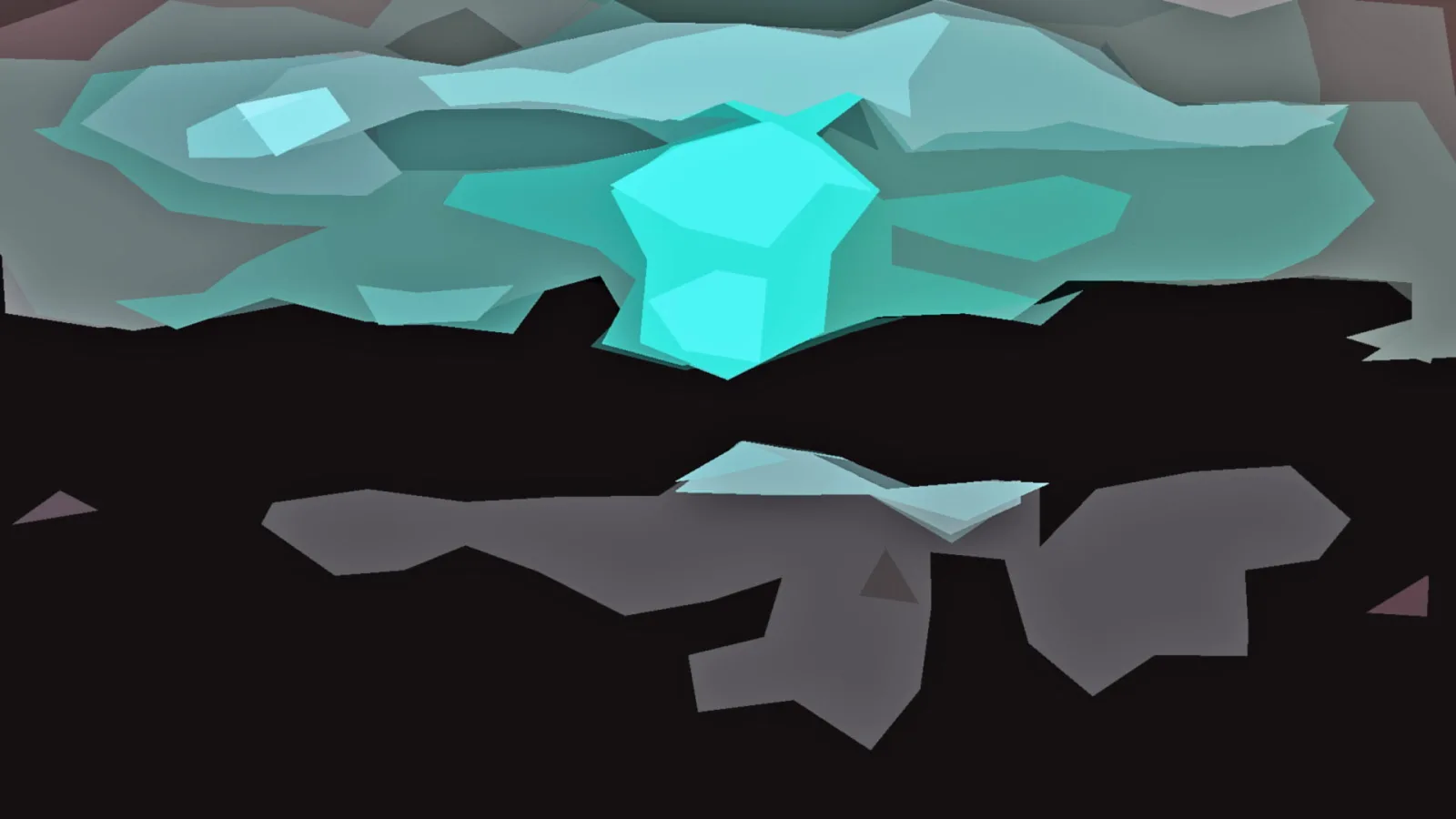 Abstrakte Low-Poly-Komposition aus türkisen und grauen Facetten auf schwarzem Grund, im oberen Bereich leuchtet eine helle türkise Form.