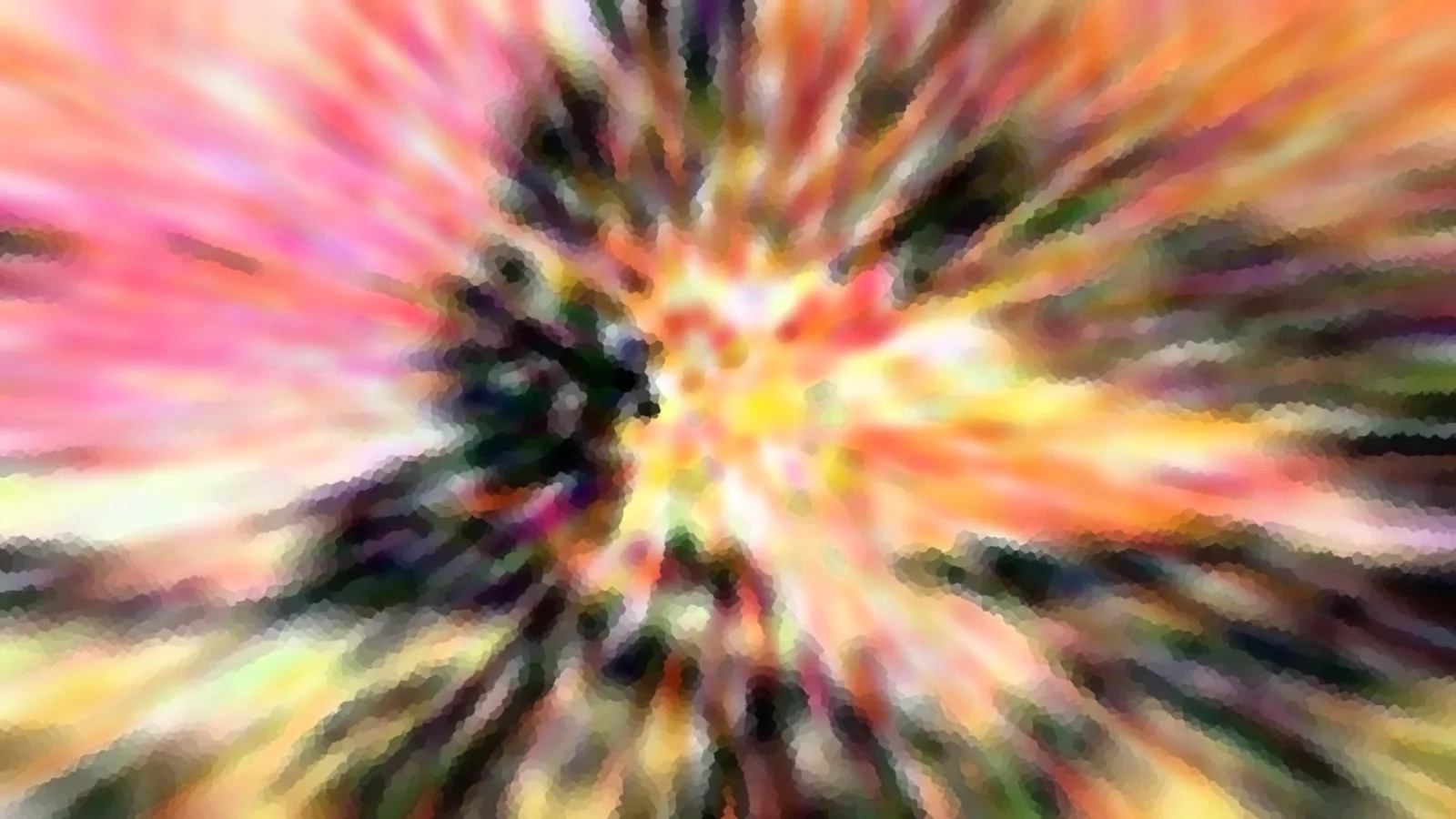 Abstrakte Komposition aus pinken, orangefarbenen und gelben Schlieren, die von einem hellen Zentrum radial nach außen strahlen, durchsetzt von dunklen Grün- und Schwarztönen.
