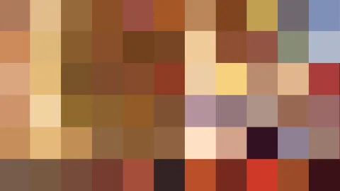 Mosaik aus quadratischen Pixelblöcken in Braun-, Ocker-, Rot- und Beigetönen, dazwischen einige blaue, graue und violette Felder.