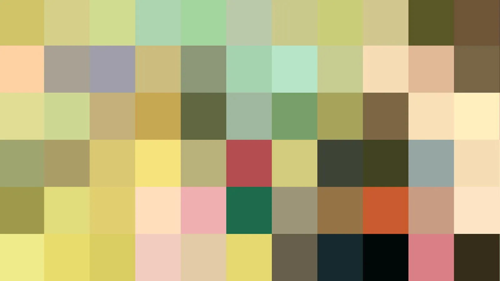 Raster aus quadratischen Farbfeldern in Pastellgelb, Mintgrün, Olivtönen, Rot, Braun und Schwarz.