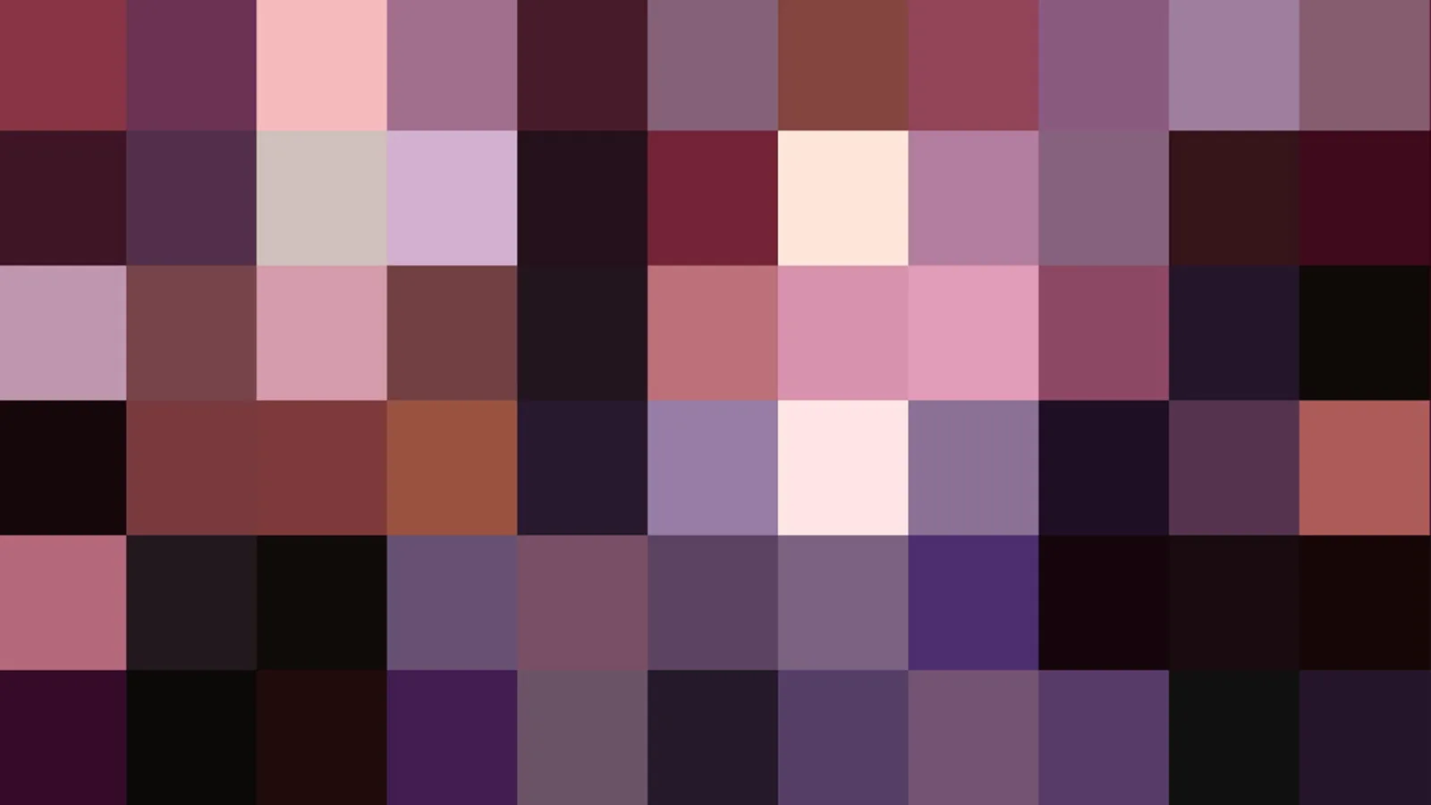 Abstraktes Mosaik aus quadratischen Pixelblöcken in Rosa, Violett, Dunkelrot und Schwarz, in einem Raster von zehn mal sechs Feldern angeordnet.