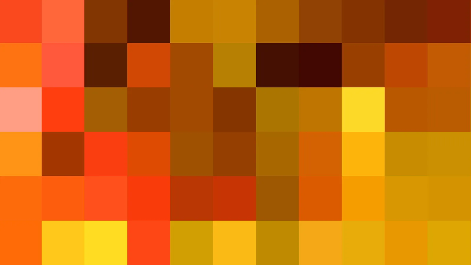 Abstraktes Muster aus quadratischen Farbfeldern in Orange, Rot, Braun und Gelb in einem Raster aus sechs Zeilen und zehn Spalten.
