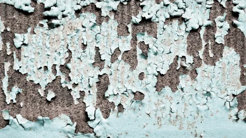 Abblätternde türkisfarbene Farbe auf einer rostbraunen, rauen Wand