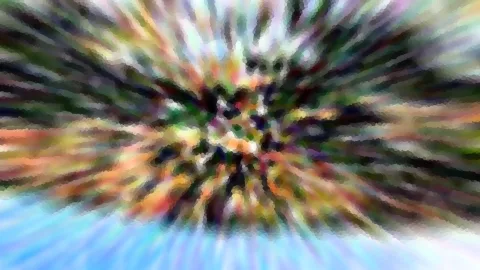 Abstrakte Komposition aus bunten Streifen, die radial von einem hellen Zentrum nach außen laufen, unten ein heller blauer Bereich.