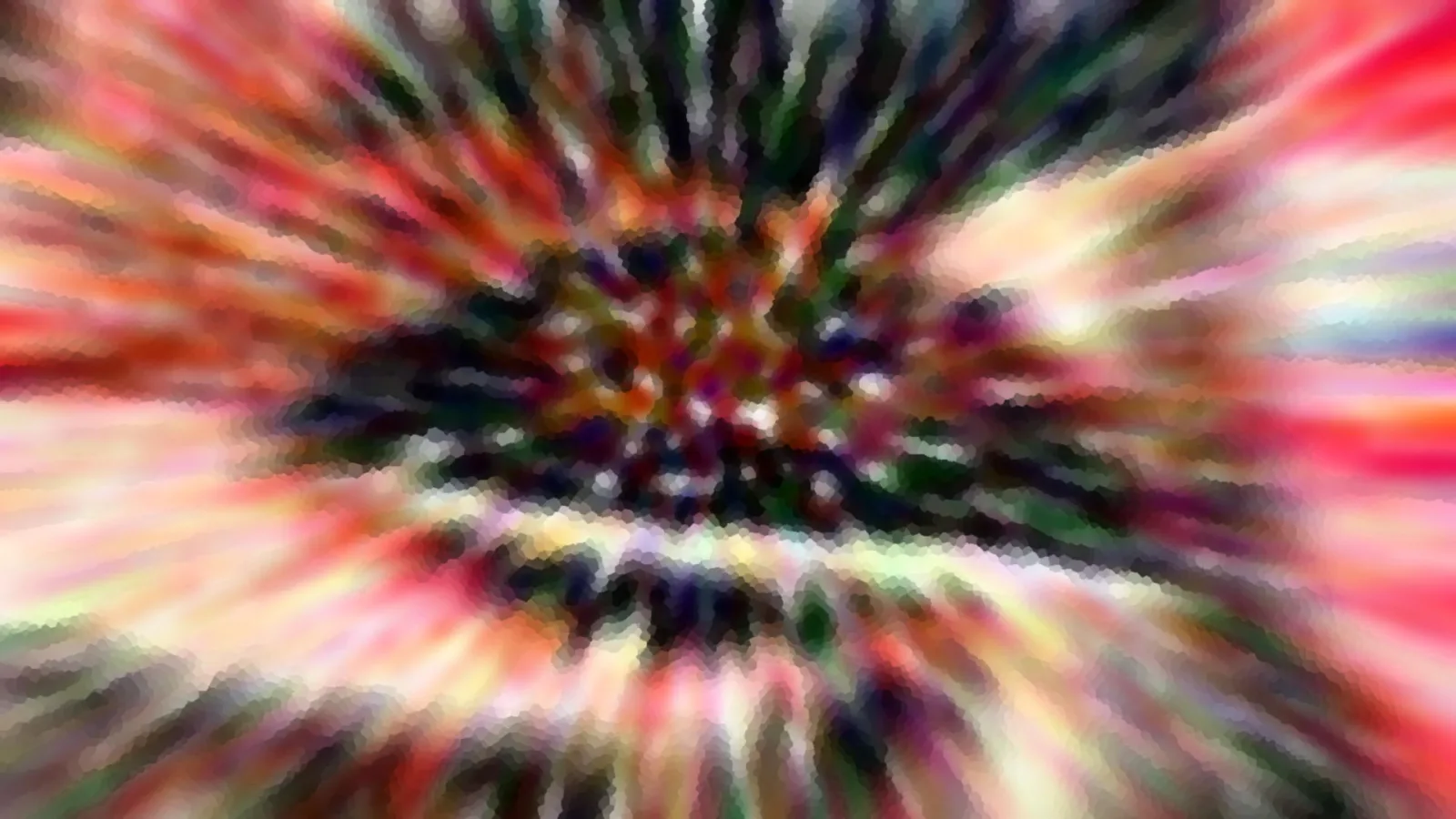 Abstraktes Bild mit radial von einem dunklen Zentrum nach außen strahlenden roten, grünen und weißen Farbstreifen, durch Bewegungsunschärfe und Mosaikeffekt verwischt.