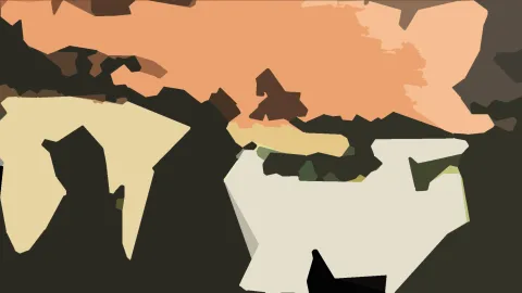 Abstrakte Komposition aus unregelmäßigen Flächen in Beige, Terrakotta, Braun und Dunkelgrün, die sich über das Bild verteilen.