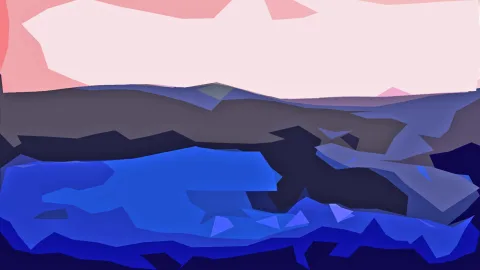 Abstrakte Landschaft aus flächigen Dreiecken: oben ein blassrosa Himmel, darunter dunkle blaugraue Hügel und ein leuchtend blaues Wasser im Vordergrund.